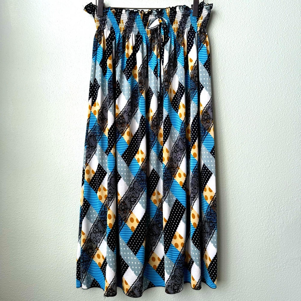 Vibrant Mixed Print Boho Smocked Waist Midi Skirt -Blue & Gold -Size XL